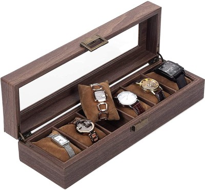 HOUSE OF QUIRK Wooden Look Pu Leather 6 Slot Watch Box Organizer Watch Case with Glass Top Antique Lock Watch Box(Brown, Holds 6 Watches)