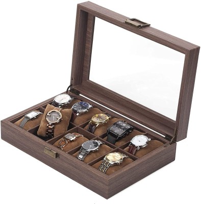 HOUSE OF QUIRK Wooden Look Pu Leather 10 Slot Watch Box Organizer Watch Case with Glass Top Antique Lock Watch Box(Brown, Holds 10 Watches)