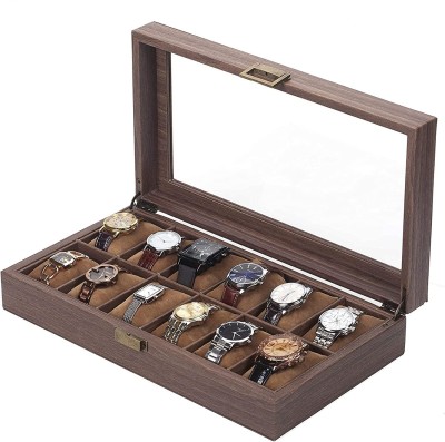 HOUSE OF QUIRK Wooden Look Pu Leather 12 Slot Watch Box Organizer Watch Case with Glass Top Antique Lock Watch Box(Brown, Holds 12 Watches)