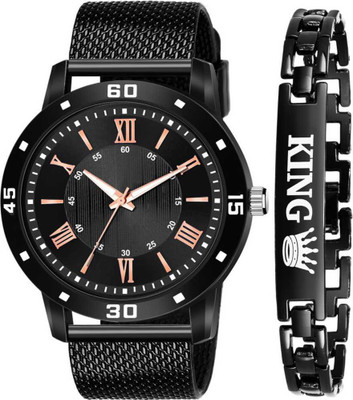 MAAN INTERNATIONAL Pack Of 2 Black Strap Watch And KING Bracelet Set Men Analog Watch  - For Boys