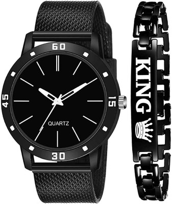 MAAN INTERNATIONAL Pack Of 2 Black Strap Watch And KING Bracelet Set Men Analog Watch  - For Boys