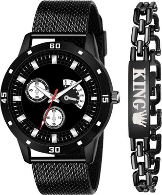 MAAN INTERNATIONAL Pack Of 2 Black Strap Watch And KING Bracelet Set Men Analog Watch  - For Boys