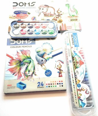 DOMS combo pack 28 shades plastic crayons |1 neon eraser,1 sharpner| 24 shades pencil colour| 25 shades oil pastels| 1scrapping tool| 12 shades water colour 23mm and paint brush