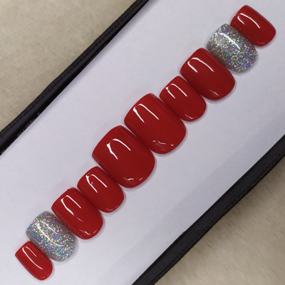 The NailzStation Glossy Red Holographic Silver Glitter Fake Nails / Artificial Nails/ Press on Gel Nails in Square with free nail application kit Red(Pack of 12)