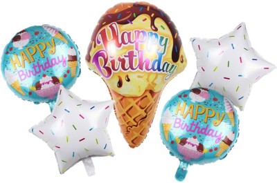 Bash N Splash Printed Happy Birthday Ice Cream helium quality foil Balloon Set with star and round balloon (Pack of 5) Balloon(Multicolor, Pack of 5)