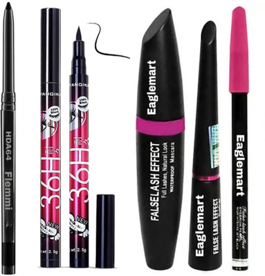 Flemmi Smudge Proof HDA64 Makeup Users 3 g Deep Black & 3in1 Beauty Eyeliner ,(5 Items in the set)