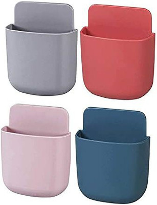 Kiev 1 Compartments Plastic Multi Purpose Wall Mounted Storage Organizer Stand Plug Holder Case for Remote Mobile Phone Charger Stationary Rack Toothbrush For Home and Office ( Multicolour ) - Pack of 4 Pcs(Multicolor)