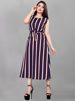 BRIGHT WORLD Women Fit and Flare Dark Blue Midi/Calf Length Dress