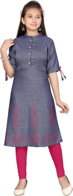 MUHURATAM Girls Printed Straight Kurta(Blue)