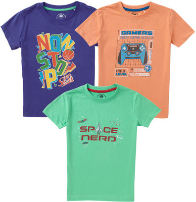 Cub McPaws Boys Typography, Printed Cotton Blend Regular T Shirt(Multicolor, Pack of 1)