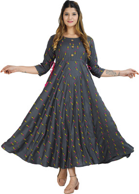 METAFAB Women Printed Flared Kurta(Grey)