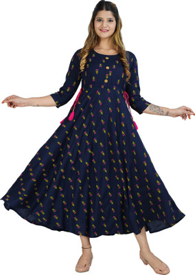METAFAB Women Printed Flared Kurta(Blue)