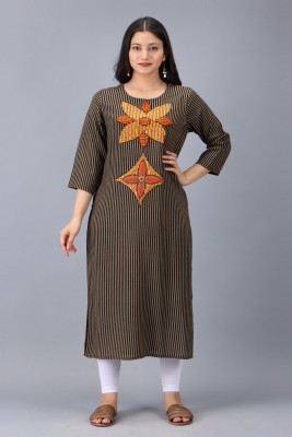 Pankvi Women Striped Straight Kurta(Black)