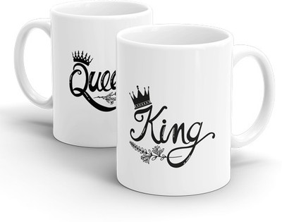 Sublikraft King Queen With Leaf Printed Ceramic Coffee Mug(330 ml, Pack of 2)