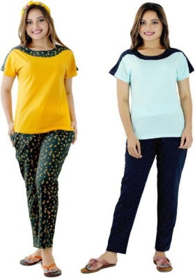 PINK GRAPES Women Solid Yellow, Green Top & Pyjama Set