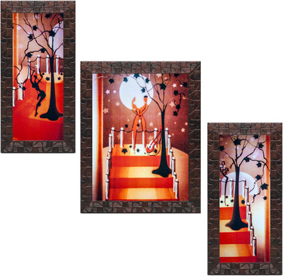 Indianara Set of 3 Couple Dancing in the Beautiful Moon Light Framed Art Painting (418GBNN) without glass (6 X 13, 10.2 X 13, 6 X 13 INCH) Digital Reprint 13 inch x 10.2 inch Painting(With Frame, Pack of 3)