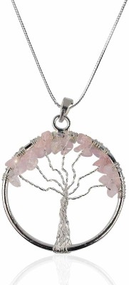 Maitri Export Natural Crystal Stone Rose Quartz Tree of Life Pendant with Metal Chain Silver Quartz Copper Pendant Set