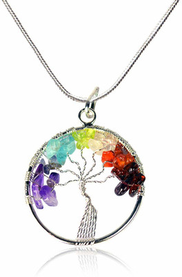 Maitri Export Natural Crystal Stone Seven Chakra Tree Of Life Pendant with Metal Chain Silver Agate Copper Pendant Set