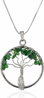 Maitri Export Natural Crystal Stone Green Jade Tree Of Life Pendant with Metal Chain Silver Jade Copper Pendant Set