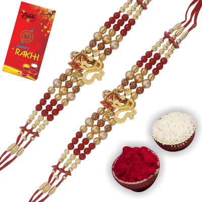 Rakhi Creation Designer Bhaiya Ganesha Rakhi With Roli Chawal Greeting Card Festival (Set of 2 Rakhi's) Gold Finish Greeting Card  Set(2 Rakhi with 1 Greeting Card,1 Pack Roli Chawal)