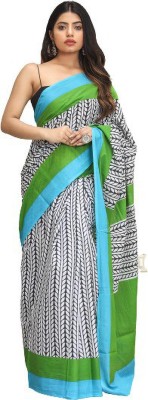 Jalther Printed Ikkat Pure Cotton Saree(Green)