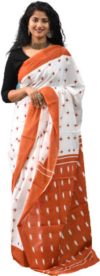 JAIPURI BLOCK PRINT Printed Ikkat Pure Cotton Saree(White, Orange)