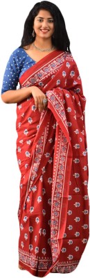 NIKHILAM Printed, Blocked Printed, Floral Print Bollywood Pure Cotton Saree(Red)