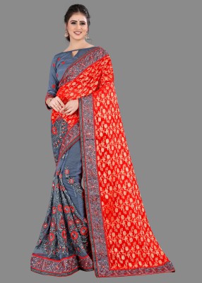 VBHP FASHION Embroidered Bollywood Silk Blend, Net Saree(Red, Grey)