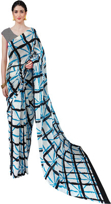 NIKHILAM Checkered Ikkat Pure Cotton Saree(Light Blue)