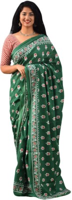 NIKHILAM Printed Daily Wear Pure Cotton Saree(Dark Green)