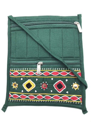 SriShopify Handicrafts Green Sling Bag Medium Canvas Messenger Crossbody Bag with Stylish Design for Women Mobile Pouch Sling bag handmade Mirror Work 9x8 inch Medium size