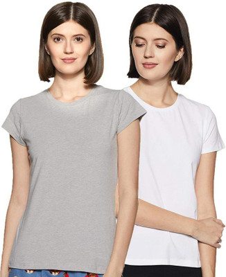 COLOR CAPITAL Solid Women Round Neck Grey, White T-Shirt