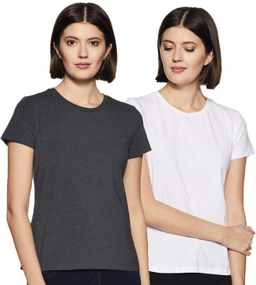 COLOR CAPITAL Solid Women Round Neck Grey, White T-Shirt