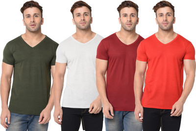 Jangoboy Solid Men V Neck Multicolor T-Shirt