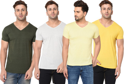 Jangoboy Solid Men V Neck Dark Green, Grey, Yellow T-Shirt