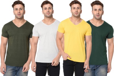 Jangoboy Solid Men V Neck Dark Green, White, Yellow T-Shirt