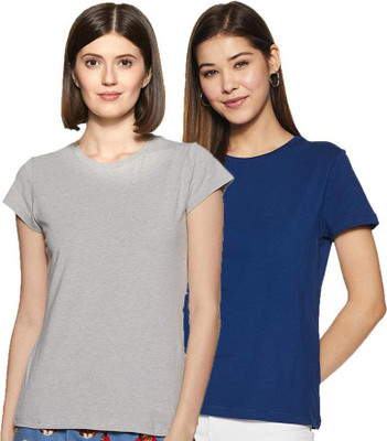 COLOR CAPITAL Solid Women Round Neck Grey, Dark Blue T-Shirt