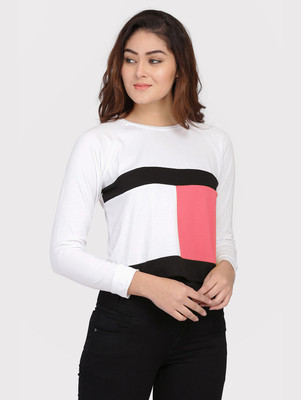 DUENITE Casual Full Sleeve Color Block Women White, Black, Pink Top