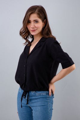 PRETTY LOVING THING Casual Short Sleeve Solid Women Black Top
