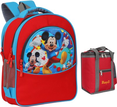 bayo Mickey Mouse Red 30 Liter 16 ×12 inch Pre-School 31cm For Nursery (LKG/UKG/1st std) Boys School Bag With 1 Lunch Bag Waterproof School Bag Waterproof School Bag(Red, Grey, 30 L)