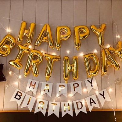 HK balloons Printed Happy birthday Gold foil balloon , with LED fairy lights & White Banner for boys and girls , Pack of 15 Balloon(Multicolor, Pack of 15)