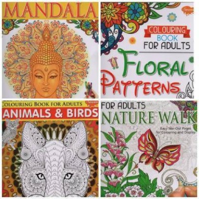 Colouring Books for Adults with Easy Tear Out Pages for Colouring and Display- NATURE WALK, ANIMALS & BIRDS, MANDALA, FLORAL PATTERNS | Anti-stress Art Therapy for Busy People | Set of 4 Books(Paperback, Sawan)