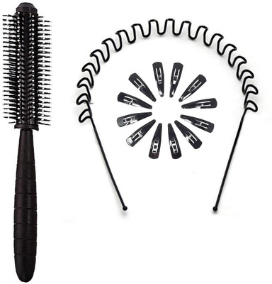 SANDIP Round Hair Brush Straightener For Women/Men Professional Hair Styling(1) + Unisex Black Color Zigzag Wavy Hair Band For Women And Girls Strong Metal(1)+ Pack of 12 Pairs Regular Metallic Tic Tac Clip Hair Clip (Black) = pack of 3