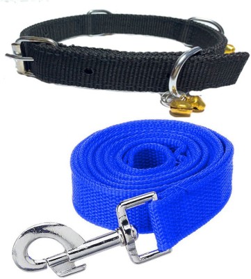 ALCAZAR Dog Belt Combo of 1.25 inch Black Ghungroo Collar with Blue Leash Specially for Large Breeds Dog Collar & Leash(Large, Black-Blue)