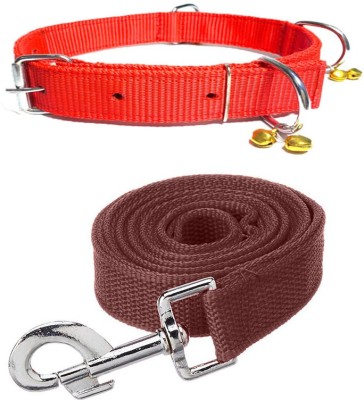 ALCAZAR Dog Belt Combo of 1 Inch RED Ghungroo Collar with BROWN Leash Specially for Medium Breeds Dog Collar & Leash(Medium, RED-BROWN)