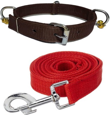 ALCAZAR Dog Belt Combo of .75 Inch Brown Ghungroo Collar with Red Leash Specially for Small Breeds Dog Collar & Leash(Small, BROWN-RED)