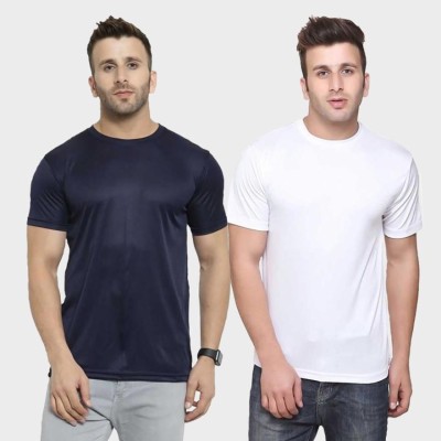 DSWS Sporty, Solid Men Round Neck Dark Blue, White T-Shirt