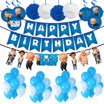Party Propz Boss Baby Theme Decorations Combo Set - 39Pcs Happy Birthday Banner, Blue White Metallic Balloons, Swirl Decorative, Pom Pom Set for Boys Bday Decorations Items Set/Kids Supplies(Set of 39)