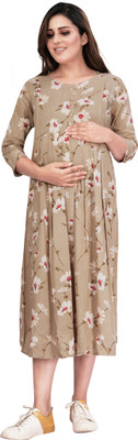mamma's maternity Women A-line Brown Midi/Calf Length Dress