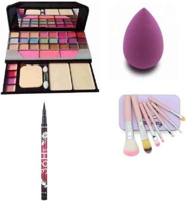 BR Belle Rosa TYA OF MULTICOLOUR WITH BOUNCY BLENDER AND 7 BRUSHES WITH BLACK SHADE KAJAL EYELINER(Pack of 10)